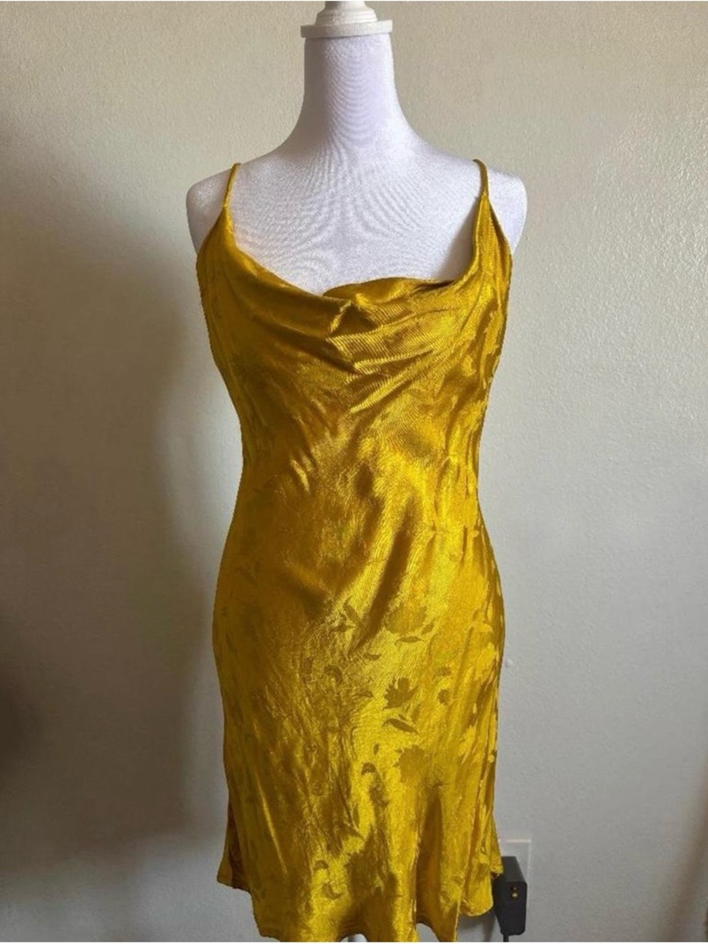 Slip Cowl Neck Satin Dress in Mustard Yellow